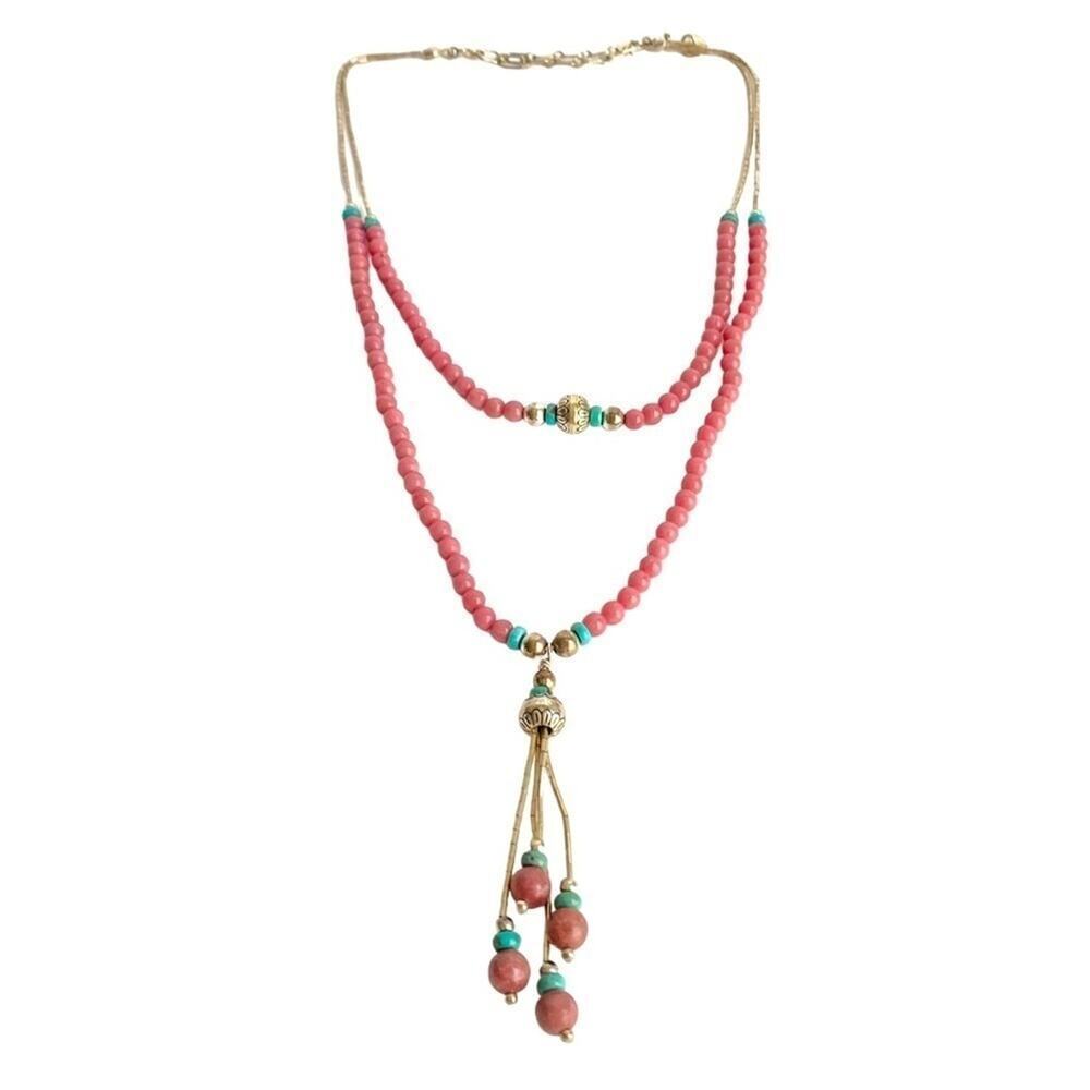 Carolyn Pollack‎ Pink Rhodonite Necklace Liquid Silver Turquoise Lariat QT Quoc
